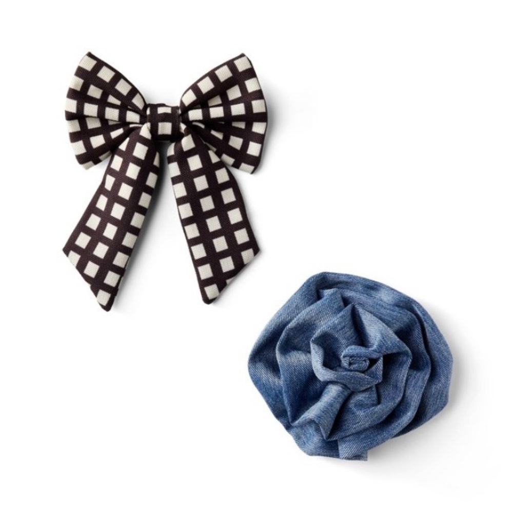 NWT Cat/Dog Bow & Rosette Set - Squares/Blue Twill